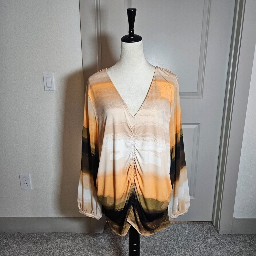 NWT Calvin Klein Top Blouse Women 3X V-Neck Long Sleeve Orange Brown Stretch